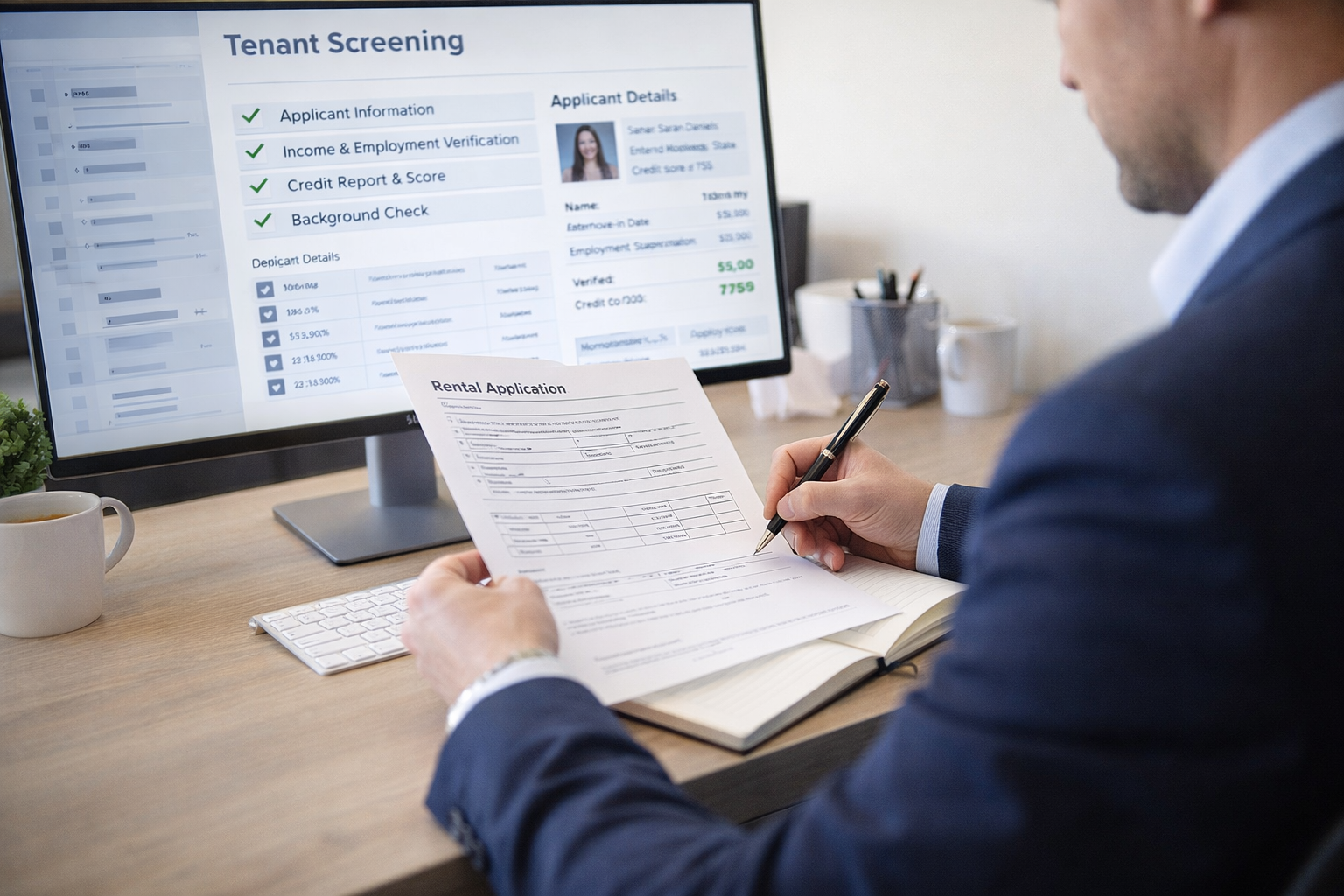 Professional reviewing tenant screening documents